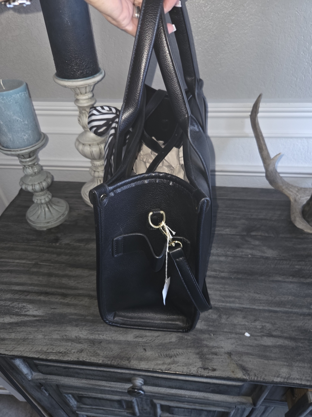Black Faux-Leather Womens Tote Bag - Picture 7 of 13